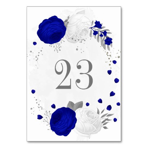 royal blue white flowers silver botanical wedding table number