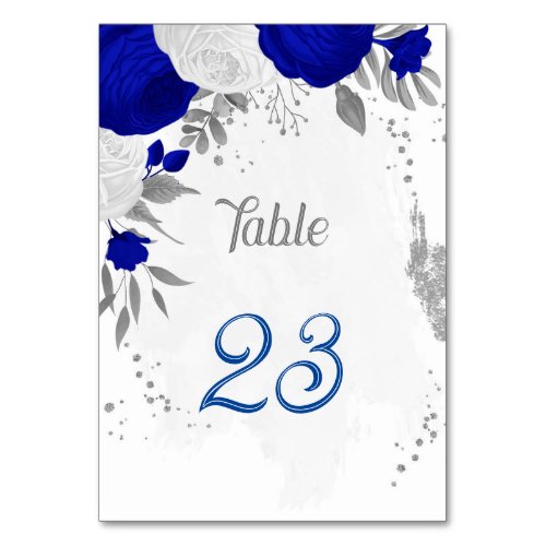 royal blue white flowers silver botanical wedding table number