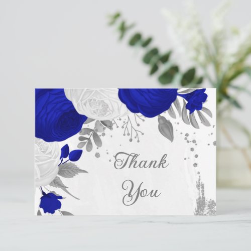 royal blue white flowers silver botanical wedding thank you card
