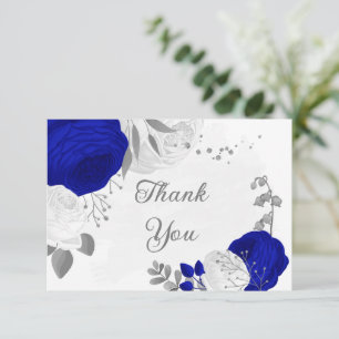 royal blue &white flowers silver botanical wedding thank you card