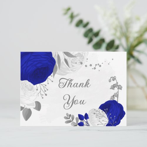 royal blue white flowers silver botanical wedding thank you card