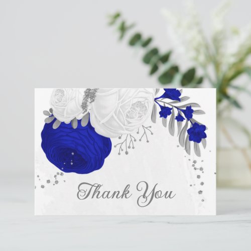 royal blue white flowers silver botanical wedding thank you card