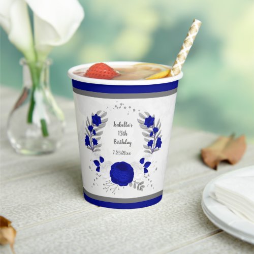  royal blue white flowers silver botanical wreath paper cups