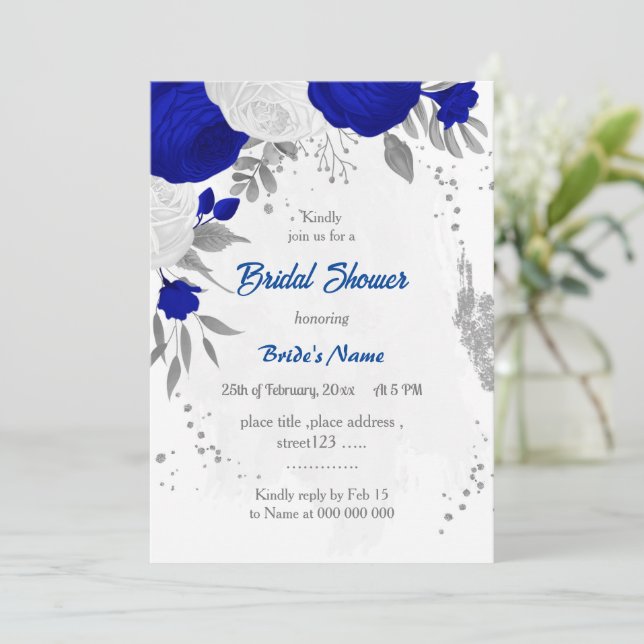 royal blue &white flowers silver bridal shower invitation (Standing Front)