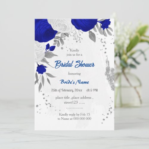 royal blue white flowers silver bridal shower invitation