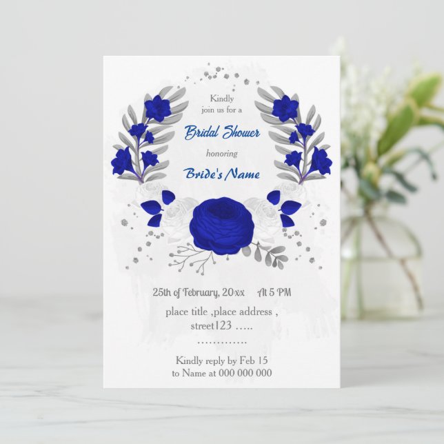 royal blue &white flowers silver bridal shower invitation (Standing Front)