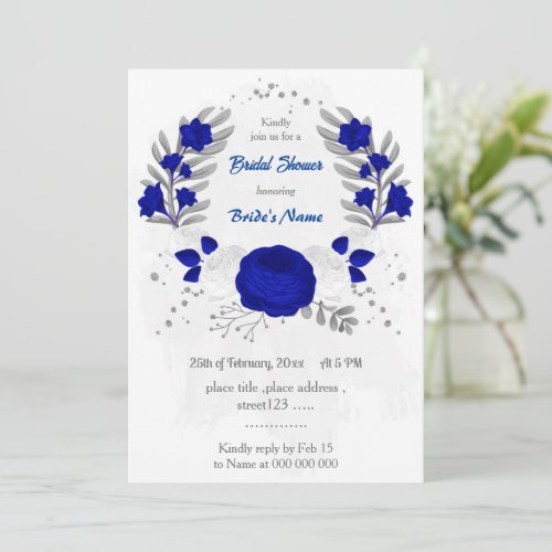 royal blue white flowers silver bridal shower invitation