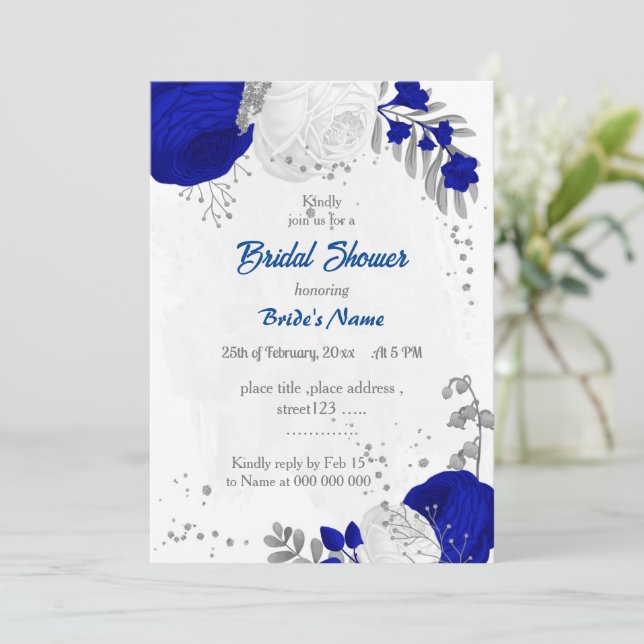 royal blue &white flowers silver  bridal shower  invitation (Standing Front)