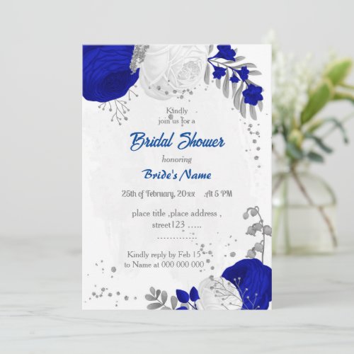 royal blue white flowers silver  bridal shower  invitation