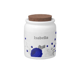 royal blue &white flowers silver candy jar