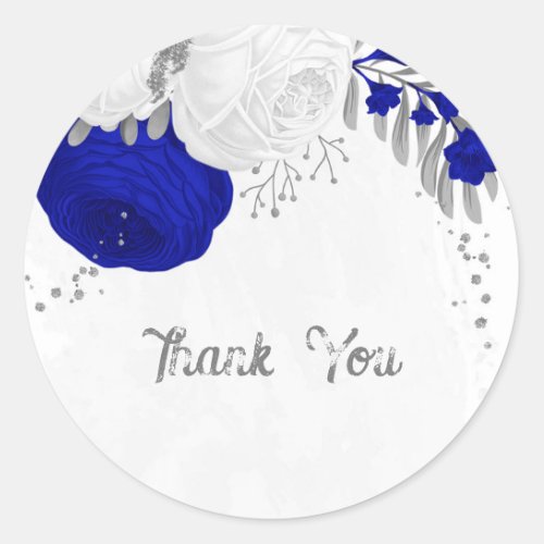  royal blue  white flowers silver classic round sticker