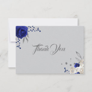 royal blue white flowers silver gray thank you card