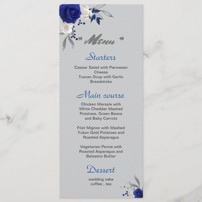 royal blue white flowers silver leaves wedding menu (Front)