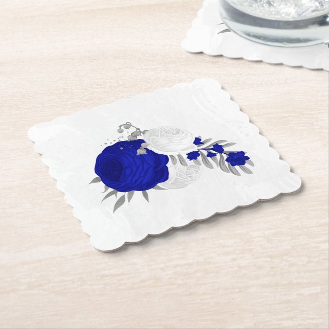 royal blue & white flowers silver  paper coaster (Angled)