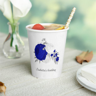  royal blue & white flowers silver paper cups