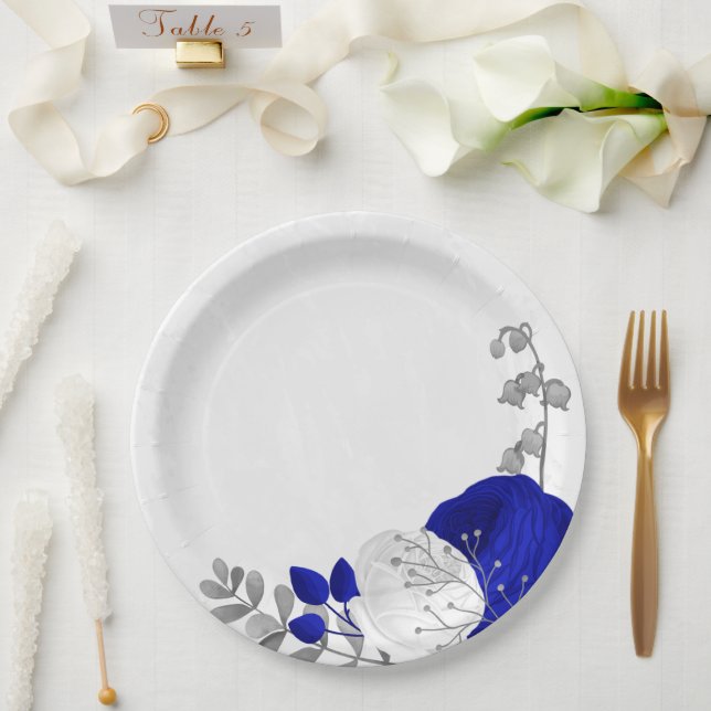  royal blue & white flowers silver paper plates (Wedding)
