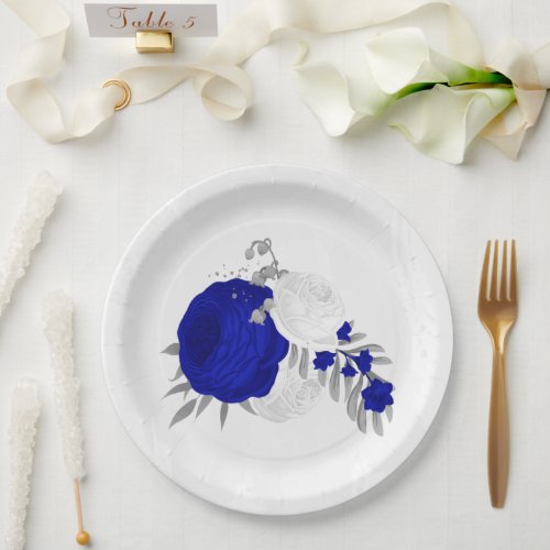  royal blue  white flowers silver  paper plates