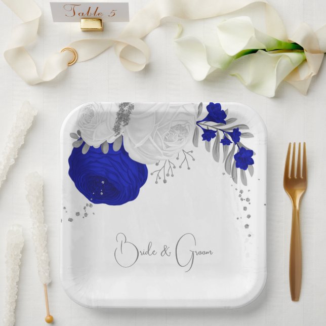  royal blue & white flowers silver paper plates (Wedding)