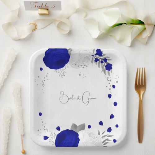  royal blue  white flowers silver  paper plates