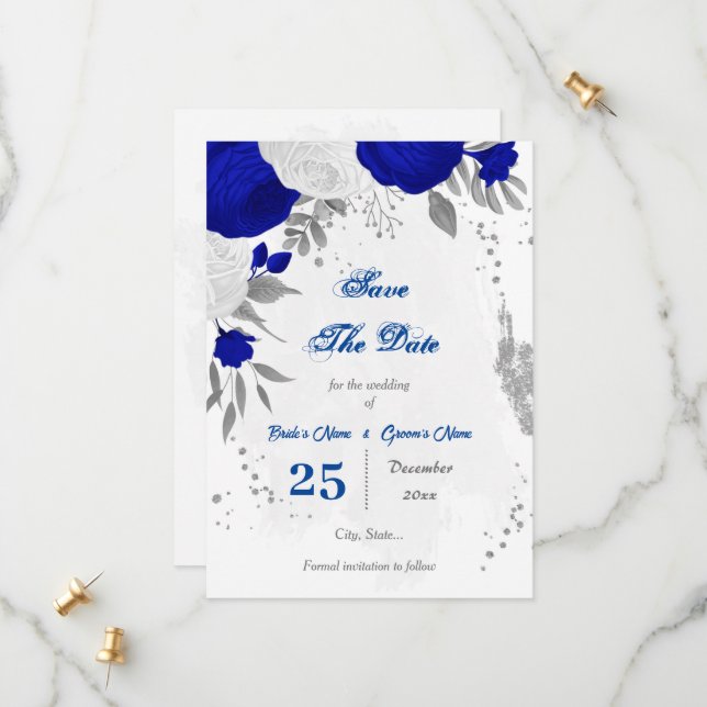 royal blue &white flowers silver  save the date (Front/Back In Situ)