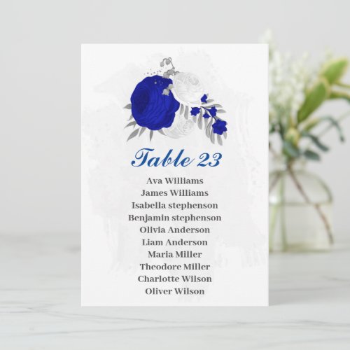 royal blue white flowers silver seating chart card