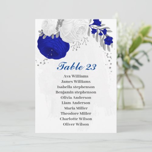 royal blue white flowers silver seating chart card