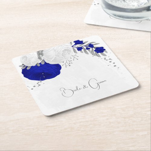  royal blue  white flowers silver square paper coaster