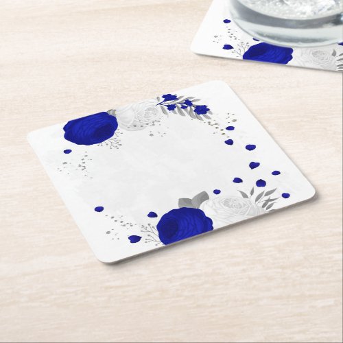  royal blue  white flowers silver square paper coaster