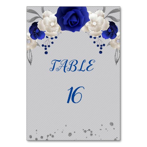 royal blue white flowers silver table number card