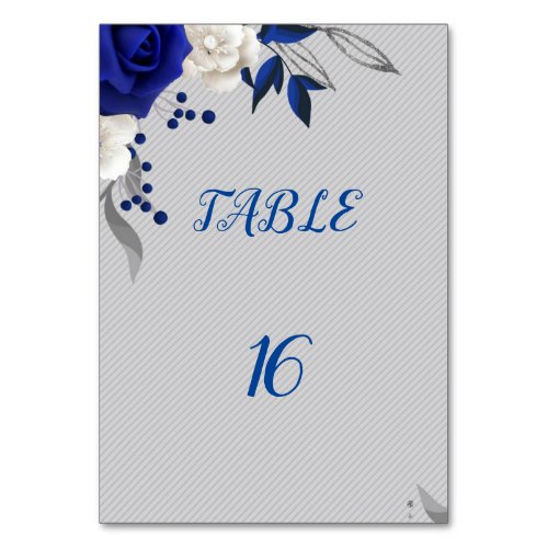 royal blue white flowers silver table number card