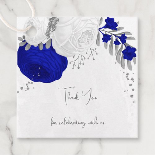  royal blue  white flowers silver wedding favor tags