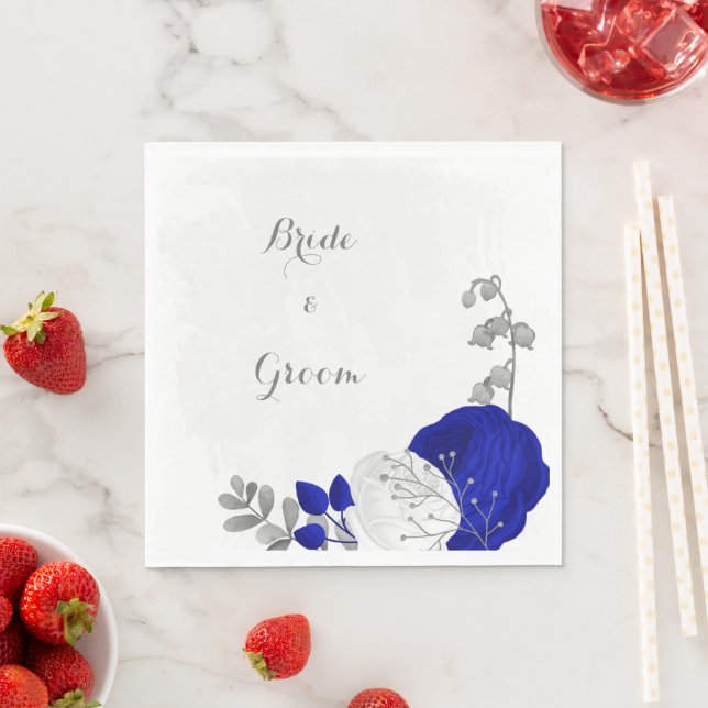  royal blue & white flowers silver wedding napkins (Insitu)