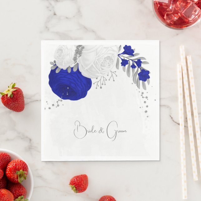  royal blue & white flowers silver wedding napkins (Insitu)