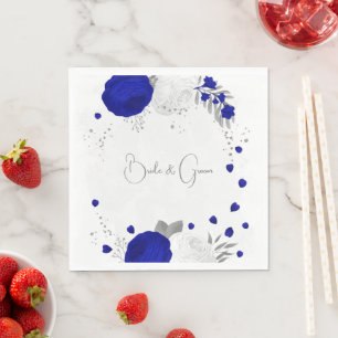 royal blue & white flowers silver wedding napkins