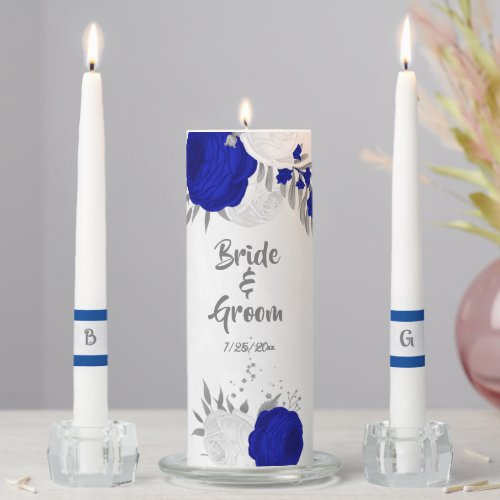  royal blue  white flowers silver wedding unity candle set