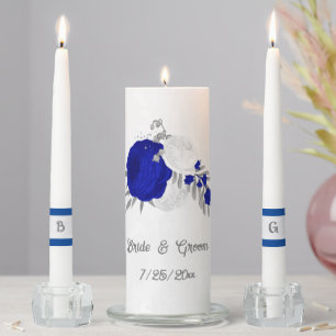 royal blue & white flowers silver wedding unity candle set