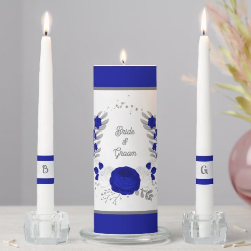  royal blue  white flowers silver wedding unity candle set