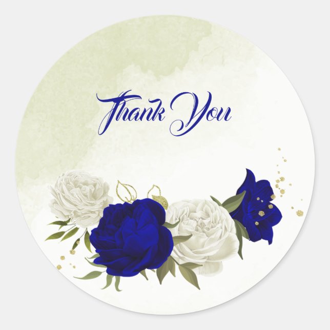 royal blue white flowers wedding classic round sticker (Front)