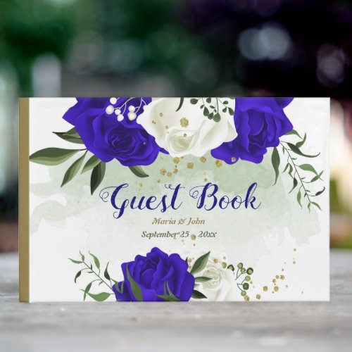 royal blue white flowers wedding guest book