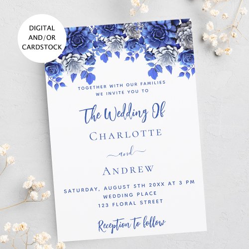 Royal blue white flowers wedding invitation