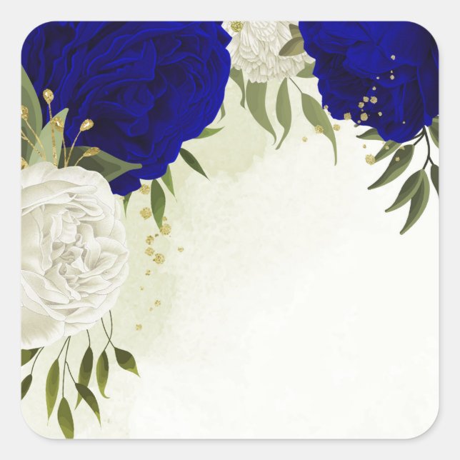 royal blue white flowers wedding square sticker (Front)