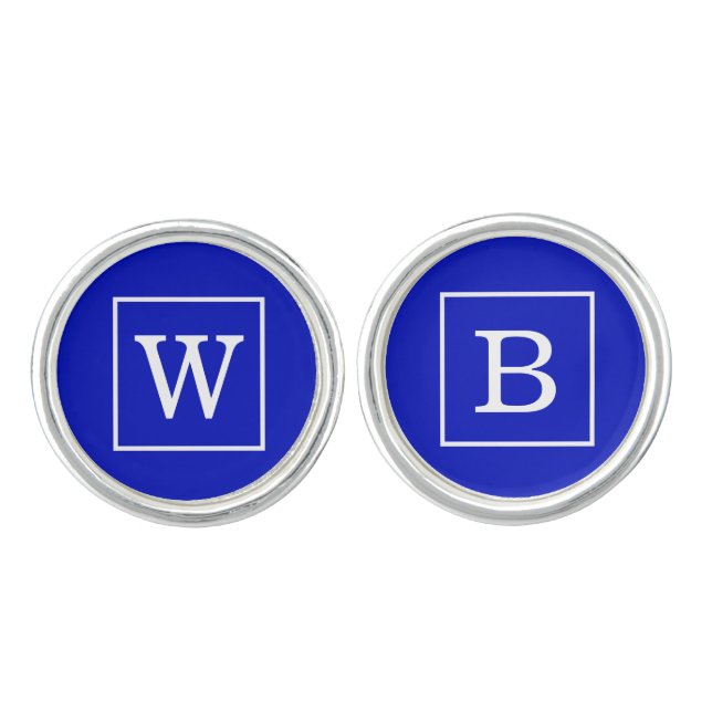 Royal Blue White Framed Initial Monogram Cufflinks (Front)