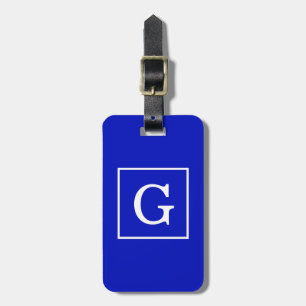 Royal Blue White Framed Initial Monogram Luggage Tag
