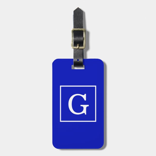 Royal Blue White Framed Initial Monogram Luggage Tag (Front Vertical)