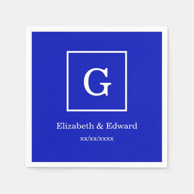 Royal Blue White Framed Initial Monogram Napkins (Front)