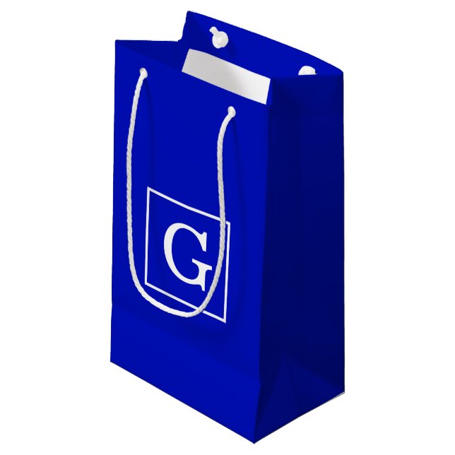 Royal Blue White Framed Initial Monogram Small Gift Bag (Front Angled)