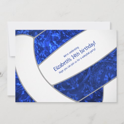 royal blue white girly volleyball birthday party invitation