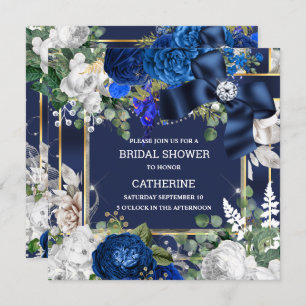 Royal blue white glitter bow diamond elegant chic invitation