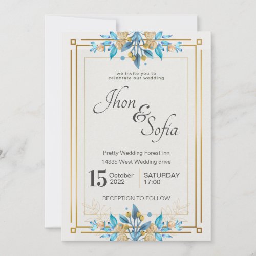 Royal Blue White Gold Floral Wedding Invitation