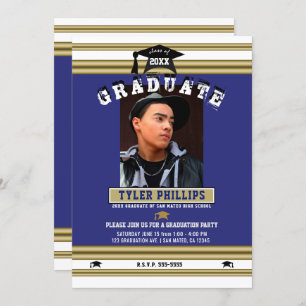 Royal Blue White Gold Graduation Photo Party    Invitation